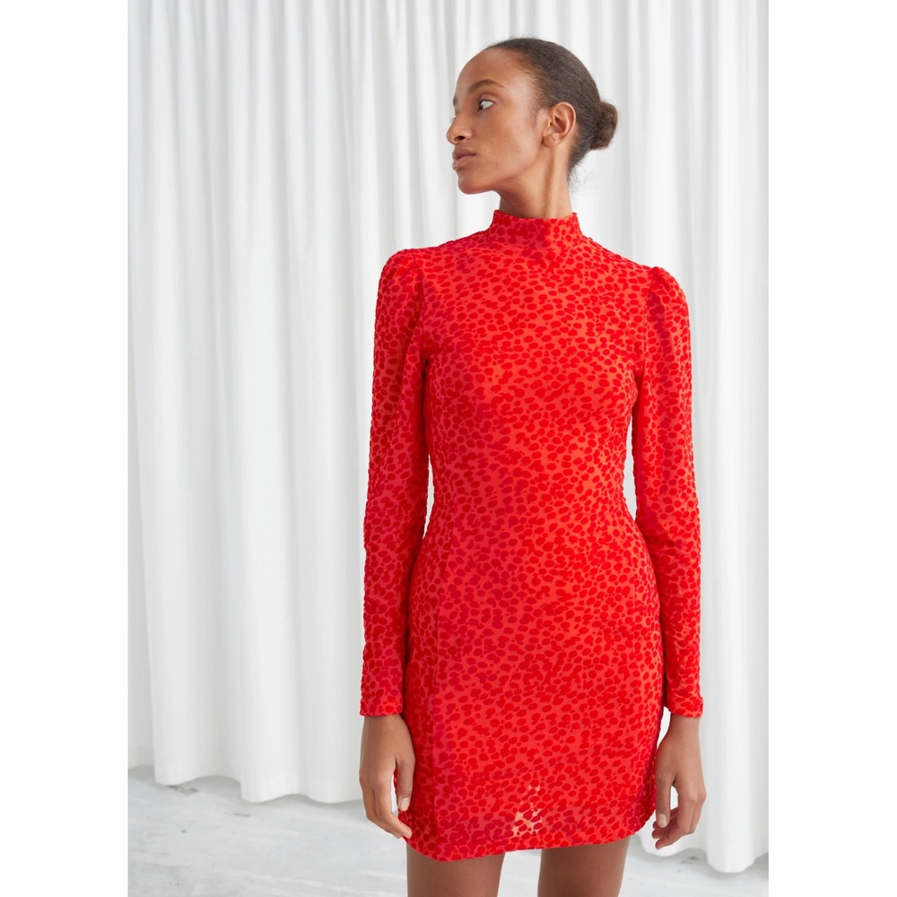 & Other Stories Mini Dress Women 0 Red Flocked Mesh Mock Neck Long Sleeve